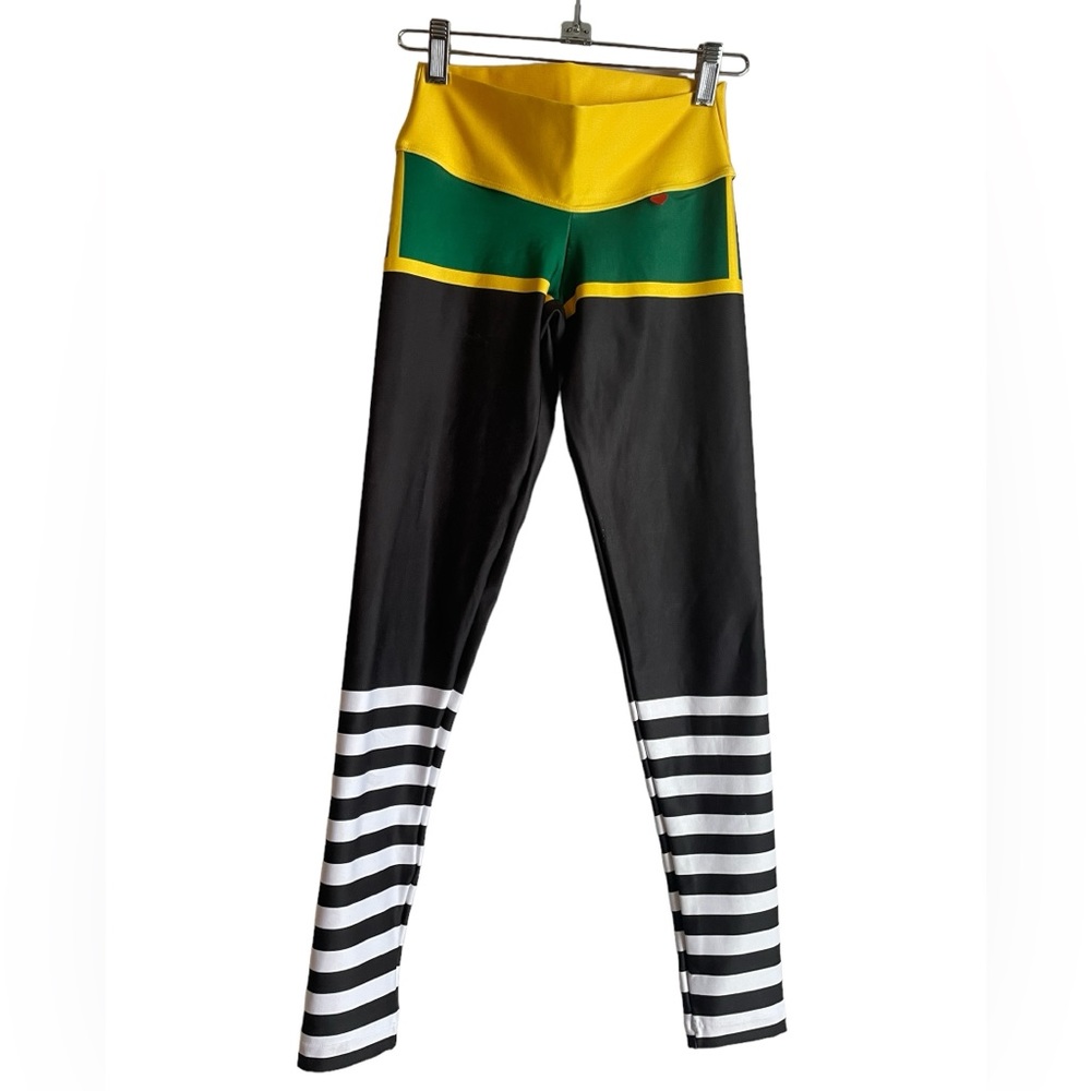 Fit Mama Green Yellow Black and White striped yoga leggings (S)